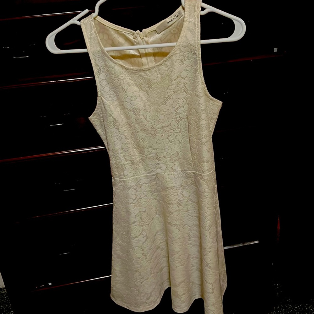 Pretty off white dress lace overlay with satiny underlay. Made in USA